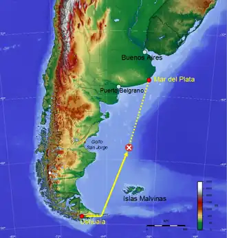 Dernière position connue du sous-marin ARA San Juan (S-42)