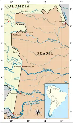 Carte montrant la frontière entre le Brésil et la Colombie, avec la Cabeça do Cachorro dans sa partie supérieure.