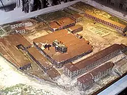 Maquette du site du Val d'Osne ; les bâtiments de production et à droite en bas la rue Barbezat (habitat ouvrier) qui a été livrée à la démolition.