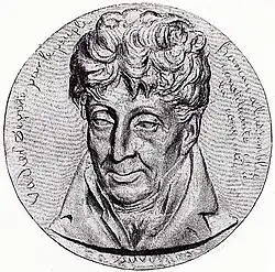 Portrait noir et blanc au trait de la tête d'un homme vu de face.