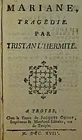 Page de grand titre de Marianne, tragédie de Tristan L'Hermite.