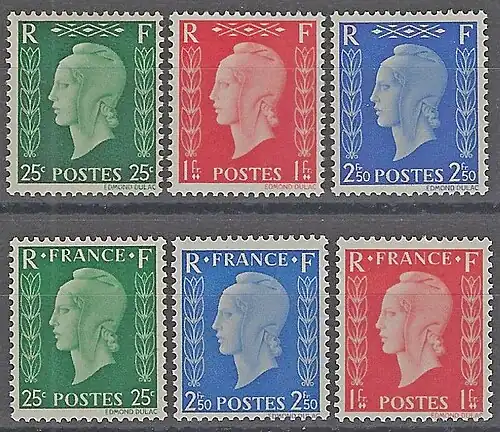 Photographie en couleurs de six timbres poste de couleurs différentes.