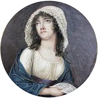 Portrait d'une femme tenant une lettre, vers 1794-1798, miniature, diamètre 7,6&nbsp;cm (localisation inconnue)