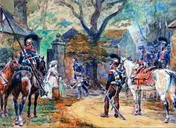 Soldats dans un village.