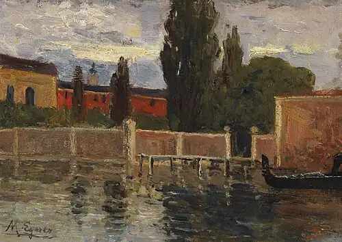 Peinture de style impressionniste représentant un quai et des bâtiments de brique rouge entourés d'arbres verts se reflétant dans l'eau. La tête d'une gondole est amarrée au premier plan.