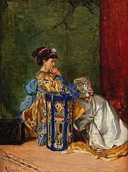 Jeune femme dans un intérieur oriental, huile sur bois, époque 1870