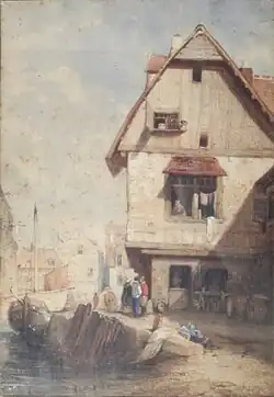 Vue de ville animée de personnages, vers 1850 (aquarelle rehaussée de gouache; 34&nbsp;×&nbsp;23,5&nbsp;cm), Liège, musée de la Vie wallonne.