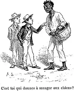 Gravure noir et blanc. Les deux garçons interrogent un Noir portant un panier.