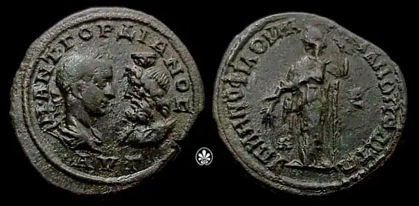 L'empereur Gordien III en face de Sarapis, avec Déméter au revers : monnaie frappée entre 238 et 241.
