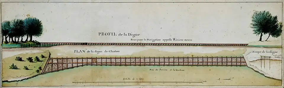 Digue de Chatou, plan, coupe et profil (1763-1765).
