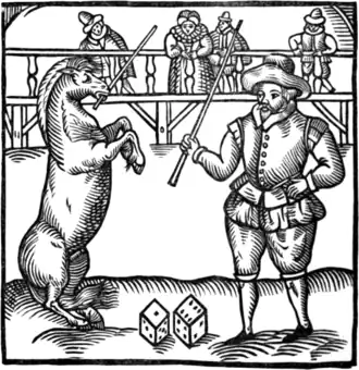 Gravure en noir et blanc d'un cheval qui se tient debout sur ses jambes arrières en tenant une baguette dan ssa bouche.