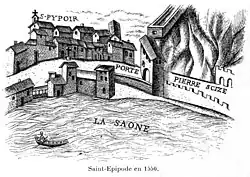 Gravure en noir et blanc, montrant la Saône ; au second plan, à gauche, une église ; à droite, les fortifications de Pierre-Scize.