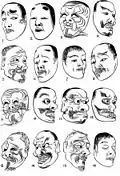 Masques du théâtre Nô(d'après le TAIYO (Le Sun.I). De gauche à droite et de haut en bas: 1- Chujo ; 2-Fukai ; 3-Hakushiki ; 4-Heida ; 5-Hemijo ; 6-Imawara ; 7-Jido ; 8-Kwantan Otoko ; 9-Ghemijo ; 10-Kokushiki ; 11-Kotobide ; 12-Kumasaka ; 13-Kurohige ; 14-Shikami ; 15-Shiwajo ; 16-Yorohoshi