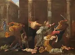 3 hommes tentent de tuer 3 bébés retenus par leur mères dans un décor antique.