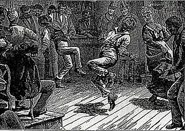 Gravure en noir et blanc représentant deux hommes noirs en train de danser dans un bar, entourés par une foule de spectateurs