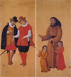 Deux tableaux de Nabukata : Deux guerriers (à gauche). Maître et deux enfants (à droite).