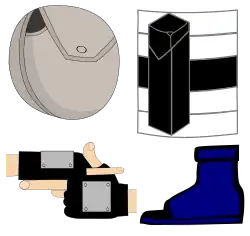 Représentation de l’habillement du ninja : pochette, étuis à kunaïs, gants renforcés, sandale