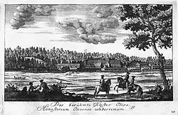 Gravure du XVIIIe&nbsp;siècle montrant une abbaye entourée de champs et de forêts.