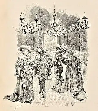 La reine Anne d'Autriche (portant ses ferrets) et le roi Louis XIII dansant le ballet de la Merlaison au Bal des Échevins.