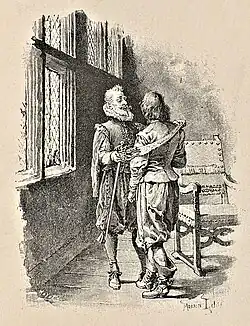 D'Artagnan père prodigue ses derniers conseils à son fils.