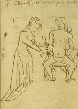 Une miresse, femme médecin du Moyen Âge. Manuscrit anglais du début du XVe&nbsp;siècle.