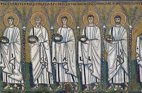 Le martyr Vincent de Saragosse (marqué AA) dont la tunique était conservée à la cathédrale de Mâcon, mosaïque de Ravenne, VIe s.