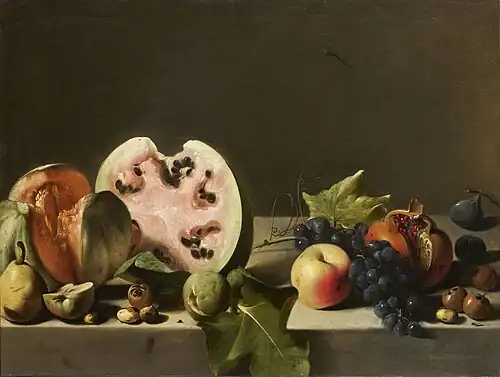 Melon, pastèque et fruits sur un entablement,  h/t, 56&nbsp;×&nbsp;72&nbsp;cm, Paris, collection particulière.