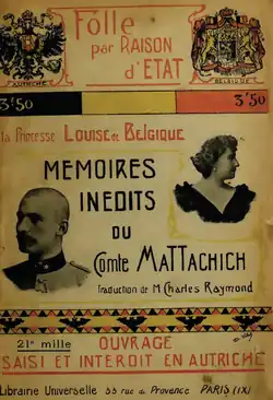 Couverture d'un livre arborant en médaillons les blasons de la maison de Habsbourg et de celle de Belgique, ainsi que des portraits de profils de Louise et de Geza.