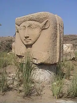 Vue d'un des chapiteaux hathoriques de la cour du temple d'Hathor de Memphis
