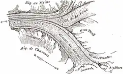 Plan en noir et plan de la confluence entre plusieurs glaciers.