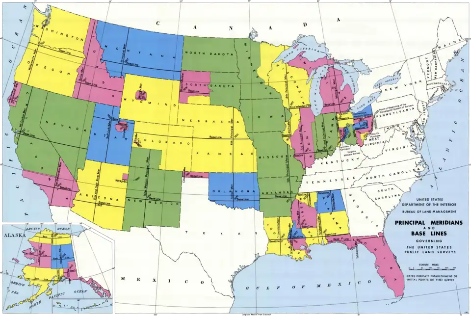 Carte des États-Unis où presque chaque État a ses propres repères pour réaliser le PLSS.
