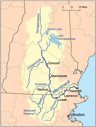 Le bassin du Merrimack dans le nord-est des États-Unis, avec la Contoocook dans sa partie nord.