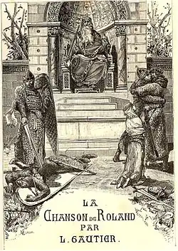 Illustration de la couverture d'une édition de la chanson. Charlemagne surplombe, assis sur un trône en haut de marches, des chevaliers.