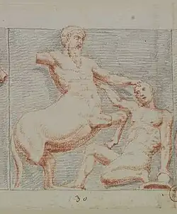 Gravure ancienne ; combat entre un homme et un centaure.