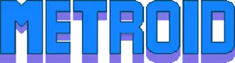 Metroid est inscrit en 3D, en bleu, avec une légère épaisseur, bordés d'un liseré bleu clair très fin.