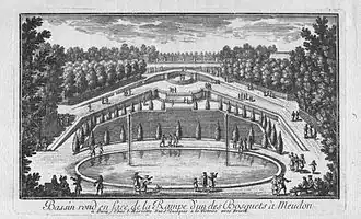 Le bassin de l'Ovale, jardins bas de Meudon. Vers 1690.