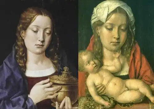 Deux portraits par Sittow d'une Catherine d'Aragon de 15 ans dans le rôle de Marie Madeleine et d'une Vierge à l'Enfant, XVe&nbsp;siècle.
