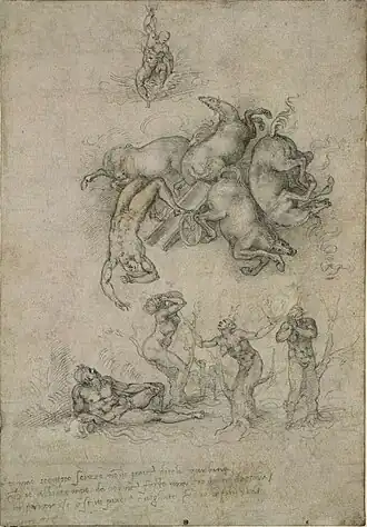 Michel-Ange, Chute de Phaéton, dessin, vers 1533, 41,3&nbsp;×&nbsp;23,4&nbsp;cm, British Museum, Londres