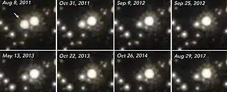 Compilation d'images montrant l'évolution de la luminosité d'OGLE-2011-BLG-0462.(Ces images ont été prises par le télescope spatial Hubble).