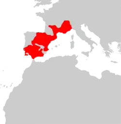 une carte d'Europe avec en rouge une partie du sud de la France et presque toute la péninsule Ibérique, à part le nord-ouest