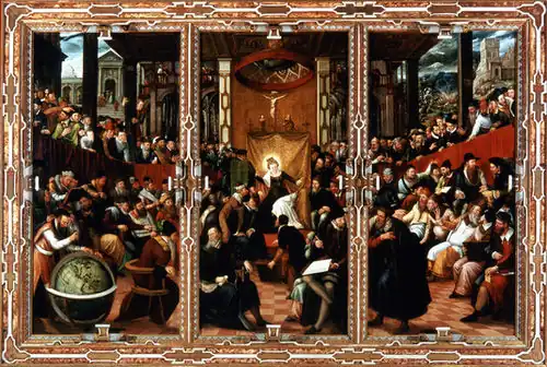 Hans Mielich, Sainte Catherine en discussion avec les philosophes (1572), retable de la Liebfrauenkirche d'Ingolstadt.