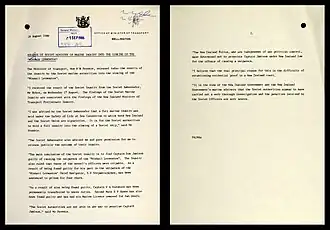 Texte en anglais tapé à la machine et titré « Release of soviet Ministry of Marine inquiry into the sinkinf of the “Mikhail Lermontov” ».