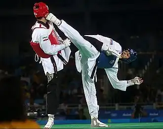 Combat de taekwondo aux Jeux olympiques d'été de 2016 à Rio de Janeiro.