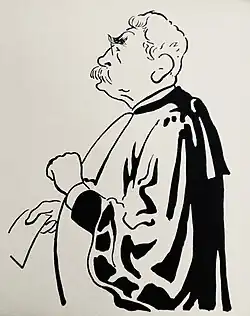 Caricature de profil d’un homme aux cheveux et moustache blancs et aux épais sourcils noirs, portant des lorgnons, vêtu d’une robe d’avocat et tenant une feuille dans sa main droite