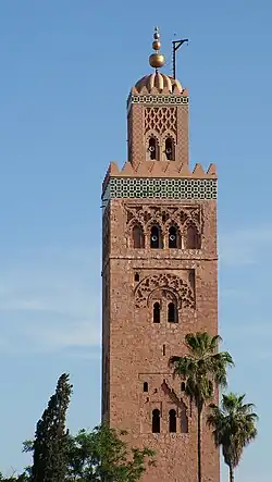 Minaret de la mosquée Koutoubia, à Marrakech (Maroc).