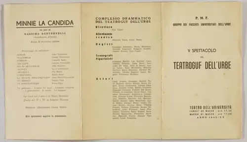 Frontispice du drame Minnie la candida (1926) de Massimo Bontempelli. Mise en scène de Ruggero Jacobbi ; TeatroGUF dell'Urbe.
