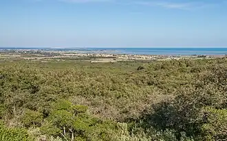 Mireval depuis la Montagne de La Gardiole à l'ouest dans la commune de Fabrègues.