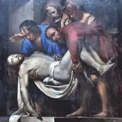 Un cadavre porté par deux hommes, avec à l'arrière plan deux femmes se lamentant.