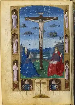 Pleine page de manuscrit du XVe siècle : Crucifixion. Vierge Marie et saint Jean l'Évangéliste au pied de la croix ; anges dans les marges dans un décor architecturé de style gothique. Deuxième croix en partie inférieure de la page, flanquée des armes du commanditaire.