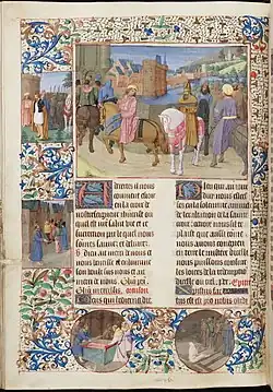 Page enluminé avec une miniature centrale représentant une procession à cheval sur un pont arrivant dans une ville.